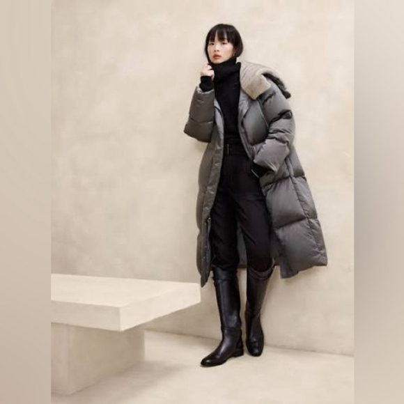 Banana Republic ALPS LONG SATIN PUFFER COAT Cinders Gray Size M - Picture 2 of 16